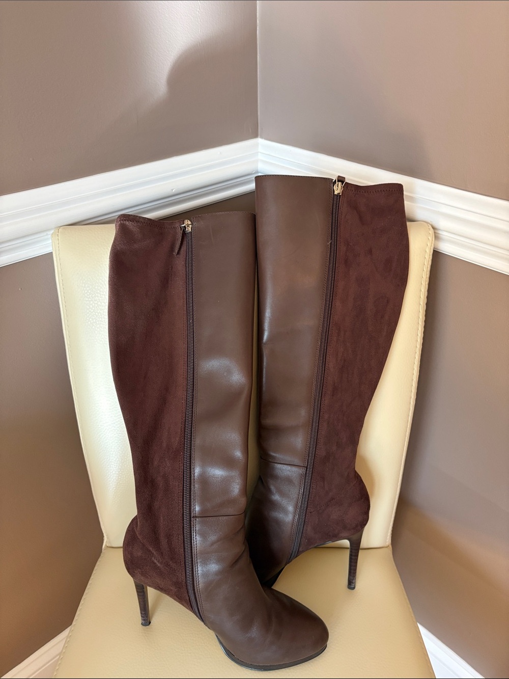 Nine West Brown Two-Tone Knee-High Heeled Boots